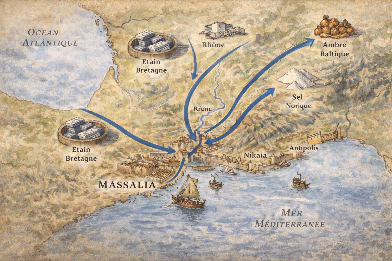 Carte d'illustration de la route commerciale de Massalia